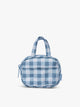 CALPAK Luka Duffel Zip Bag Charm in white and blue gingham print in French Blue Gingham; ALK2501-FRENCH-BLUE-GINGHAM