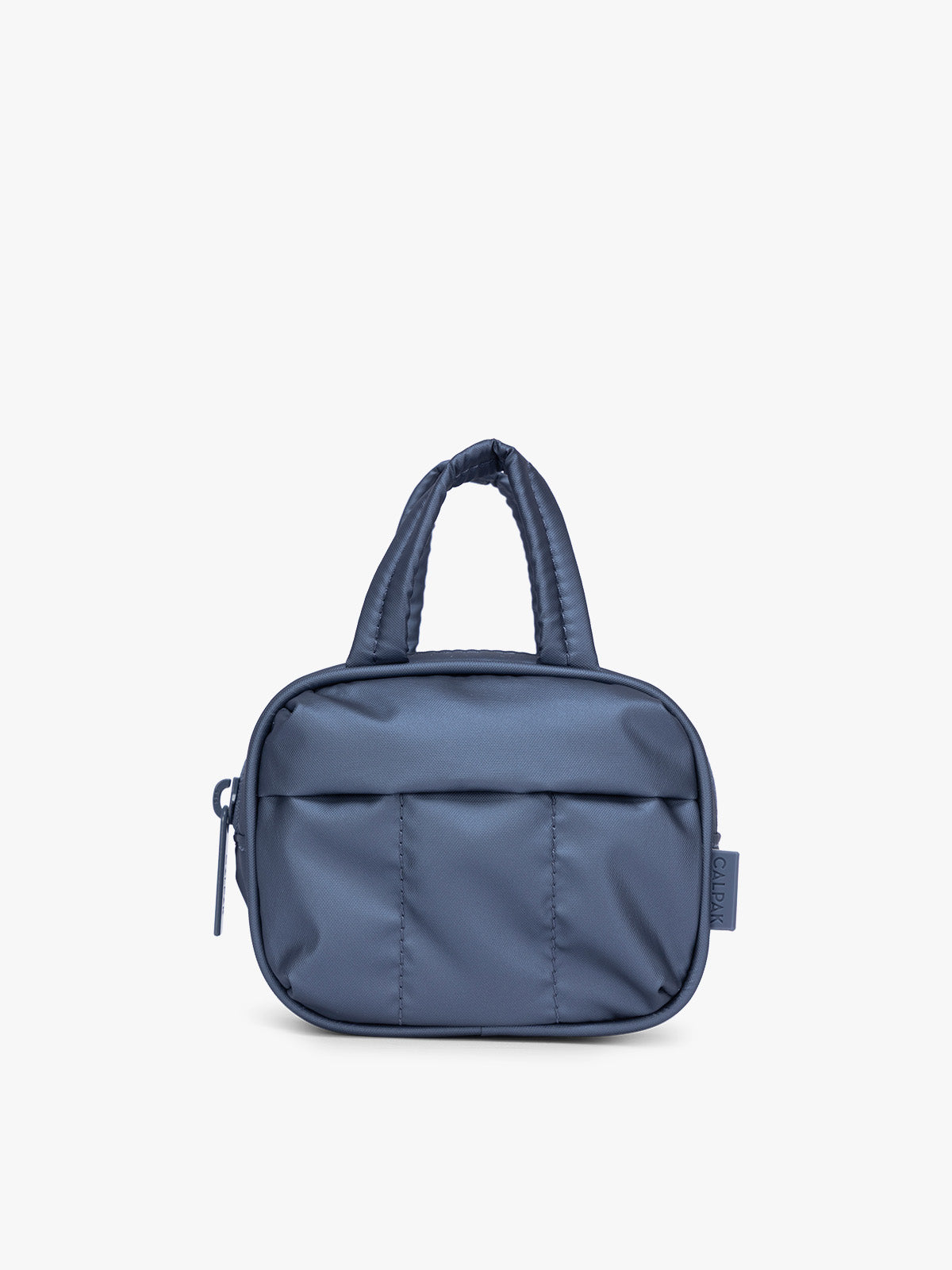 CALPAK Luka Duffel Zip Bag Charm in dark blue metallic material in Metallic Indigo; ALK2501-METALLIC-INDIGO