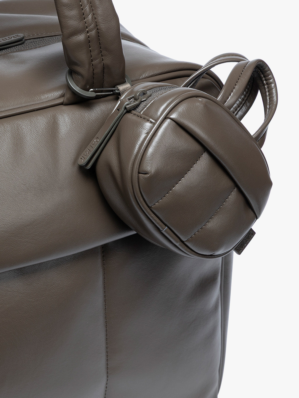 A close-up of a dark brown Mushroom vegan leather top-handle CALPAK Luka Zip Bag Charm with a zippered front pocket and a small side strap  with a matching small zippered pouch attached near the handle, shown against a clean white background; ALK2501-MUSHROOM-PU