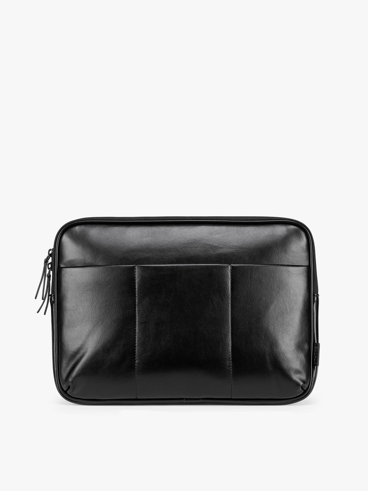 Black vegan leather CALPAK Luka 14in Laptop Sleeve with a zippered top and a front pocket, shown against a plain white background; ALL2401-BLACK-PU