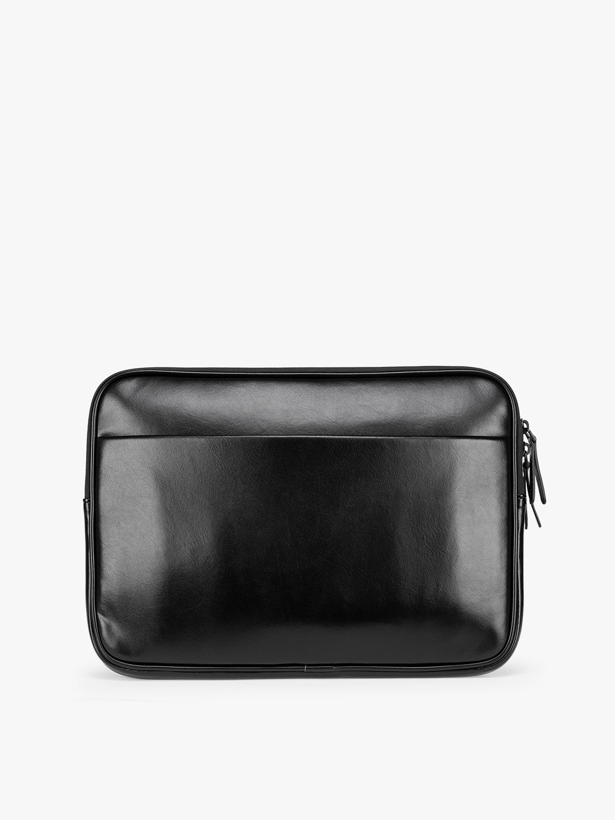 Back of a black vegan leather CALPAK Luka 14in Laptop Sleeve with a zippered top and a front pocket, shown against a plain white background; ALL2401-BLACK-PU