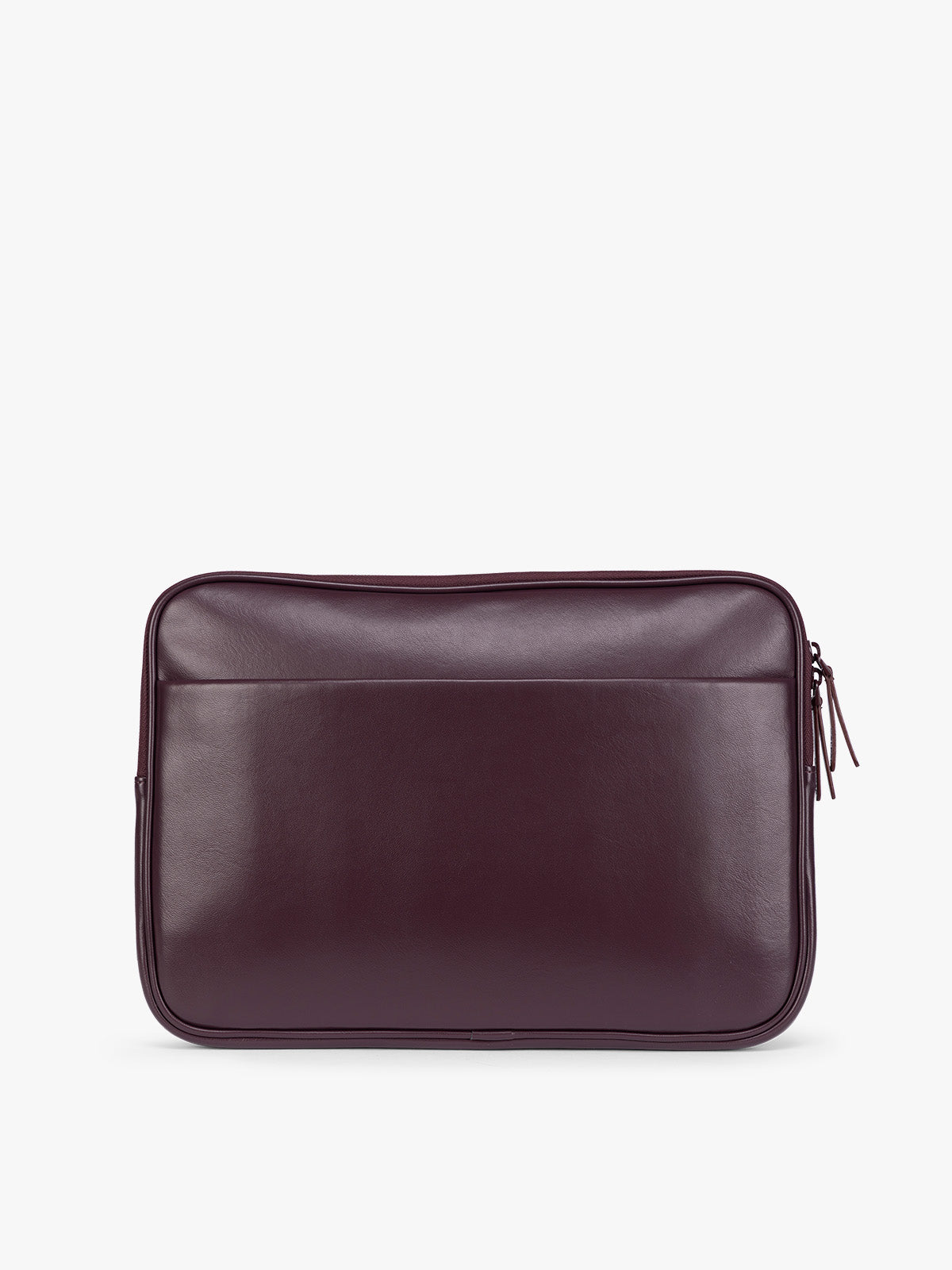 Backside of a deep burgundy Dark Cherry vegan leather CALPAK Luka 14in Laptop Sleeve with a zippered top and a front pocket, shown against a plain white background; ALL2401-DARK-CHERRY-PU