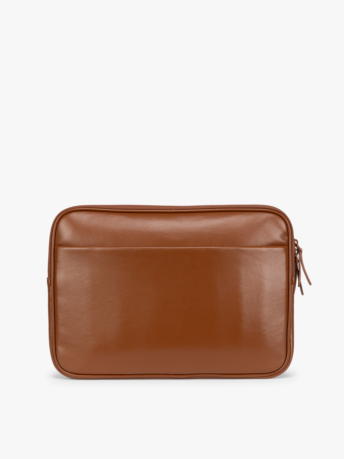 Backside of Light Honey Brown vegan leather CALPAK Luka 14in Laptop Sleeve with a zippered top and a front pocket, shown against a plain white background; ALL2401-HONEY-BROWN-PU