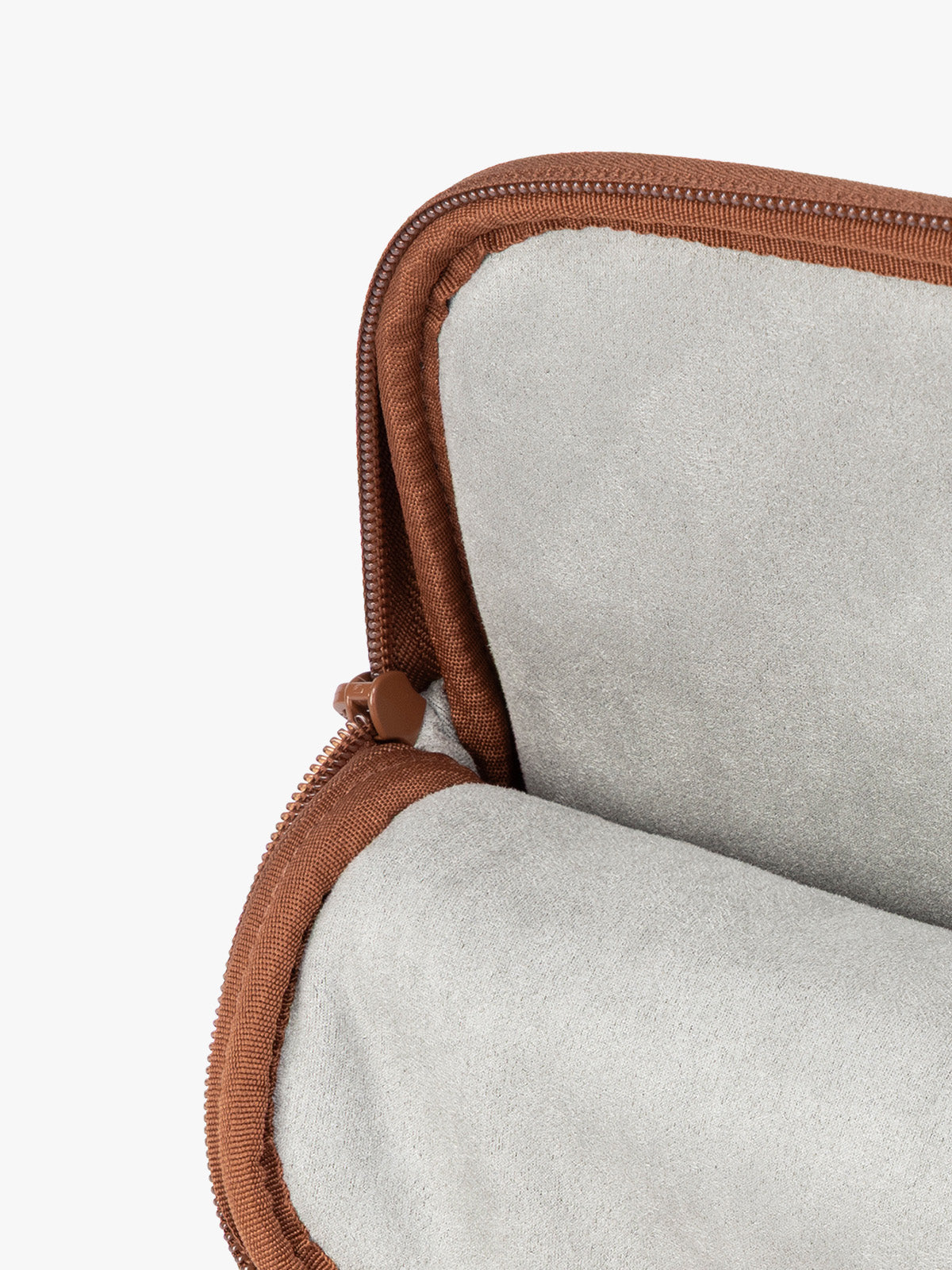 Interior of Light Honey Brown vegan leather CALPAK Luka 14in Laptop Sleeve with a zippered top and a front pocket, shown against a plain white background; ALL2401-HONEY-BROWN-PU