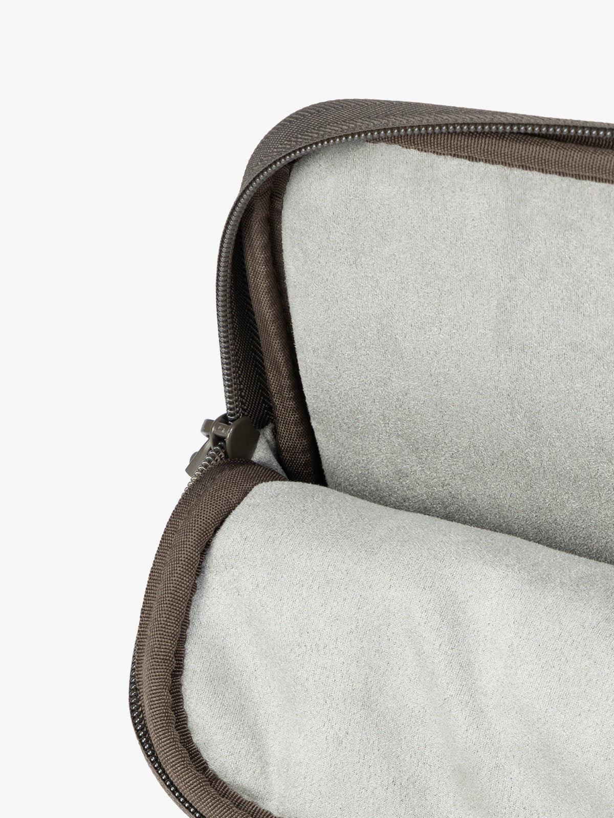Opened interior of Dark brown Mushroom vegan leather CALPAK Luka 14in Laptop Sleeve with a zippered top and a front pocket, shown against a plain white background; ALL2401-MUSHROOM-PU