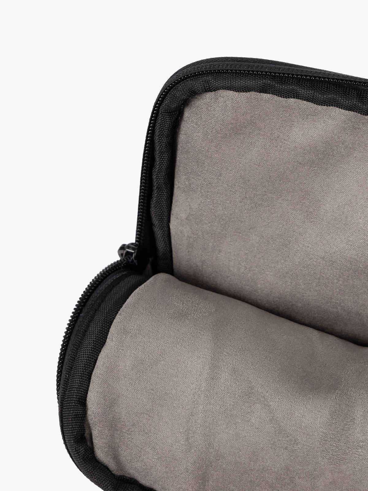 Matte black CALPAK Luka 14 inch Padded Laptop Sleeve with scratch resistant faux suede lining; ALL2401-MATTE-BLACK