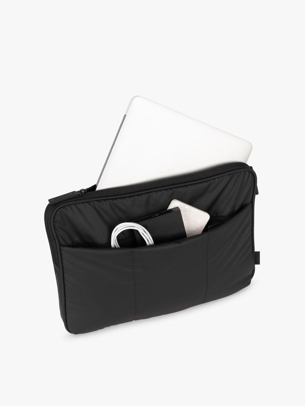 CALPAK Luka 14" Padded Laptop Sleeve with multiple exterior pockets for cords and electronics and main pocket for 14" laptop in black; ALL2401-MATTE-BLACK