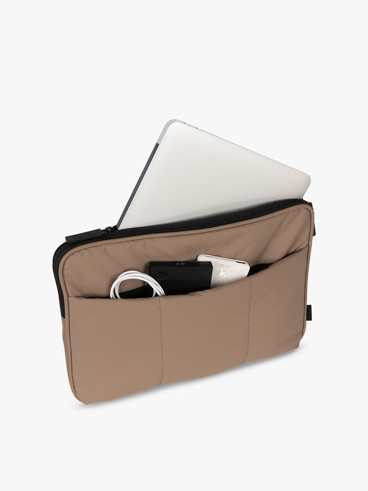 CALPAK Luka 14" Padded Laptop Sleeve with multiple exterior pockets for cords and electronics and main pocket for 14" laptop in brown chocolate; ALL2401-CHOCOLATE