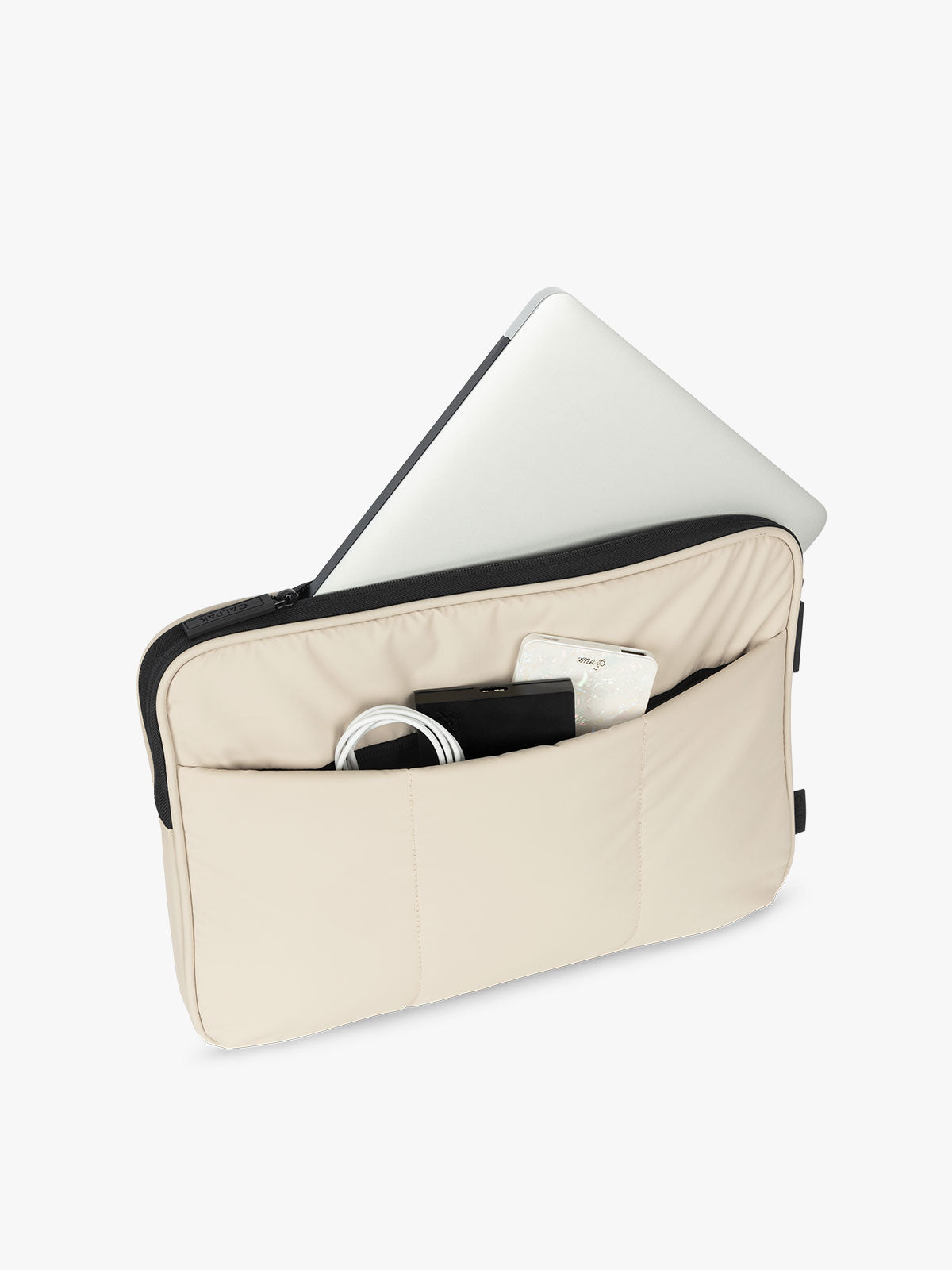 CALPAK Luka 14" Padded Laptop Sleeve with multiple exterior pockets for cords and electronics and main pocket for 14" laptop in beige oatmeal; ALL2401-OATMEAL