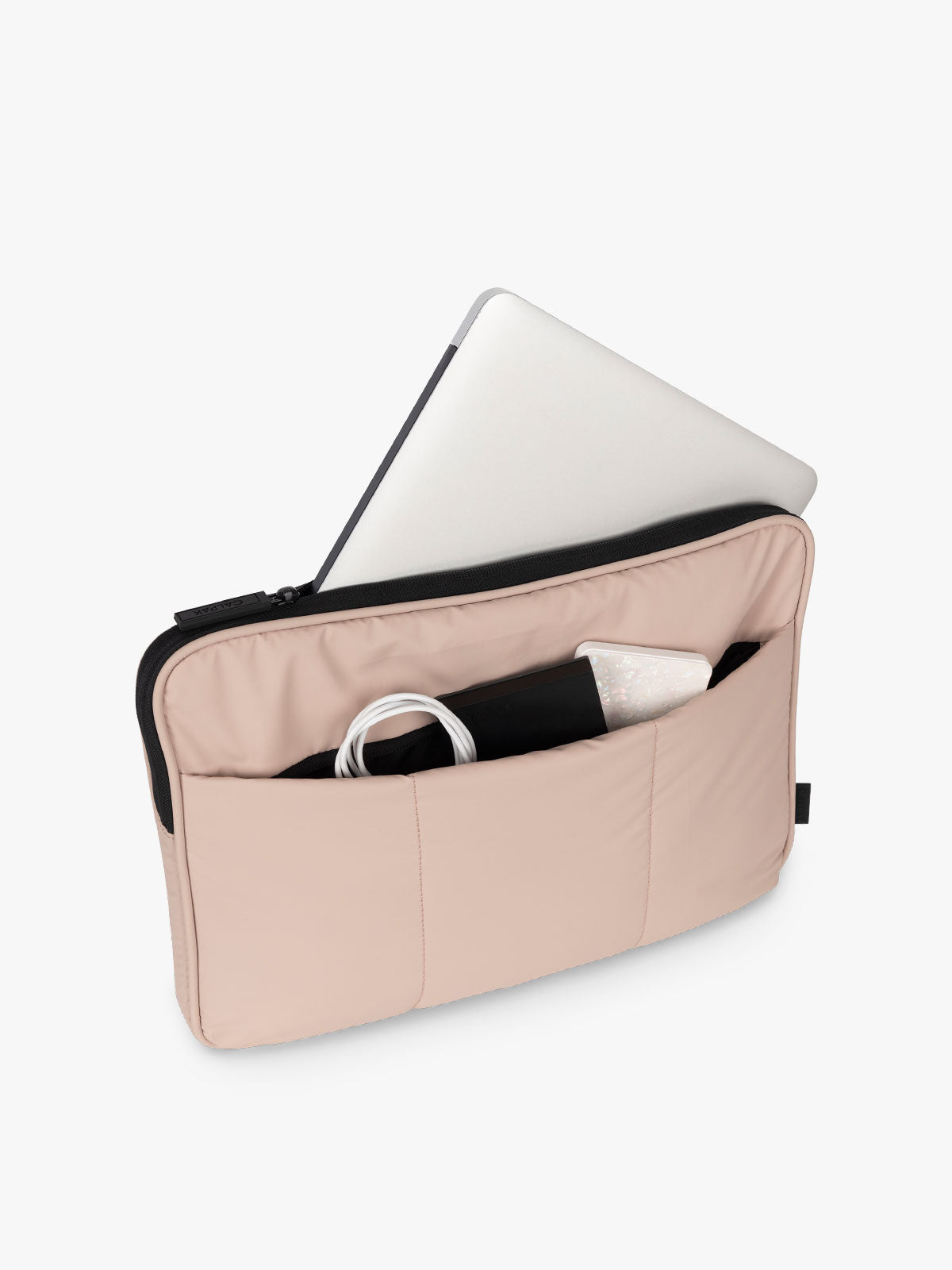 CALPAK Luka 14" Padded Laptop Sleeve with multiple exterior pockets for cords and electronics and main pocket for 14" laptop in pink rose quartz; ALL2401-ROSE-QUARTZ
