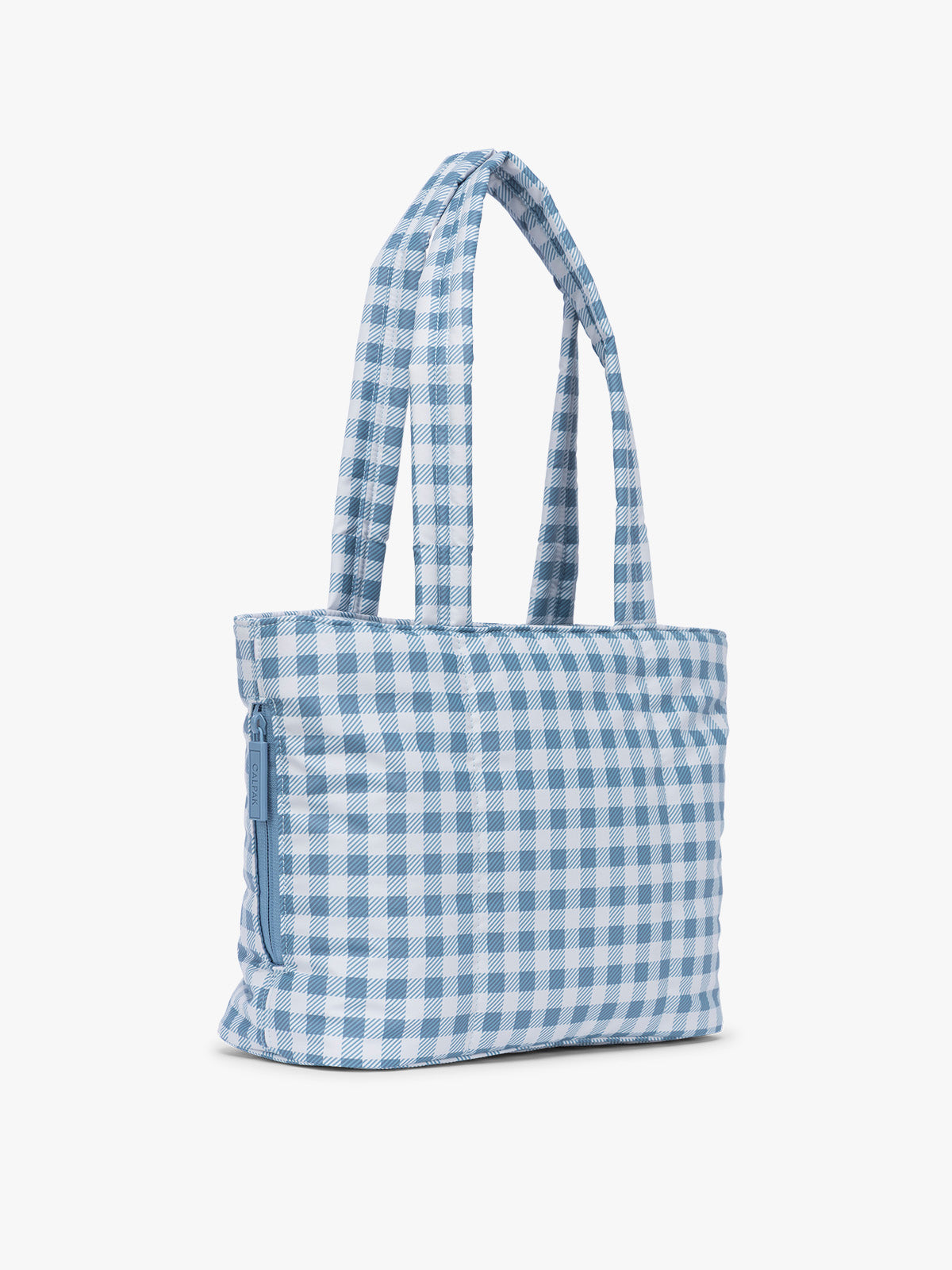 Side view of CALPAK Luka Mini Tote in white and blue gingham pattern in French Blue Gingham ; ALM2401-FRENCH-BLUE-GINGHAM