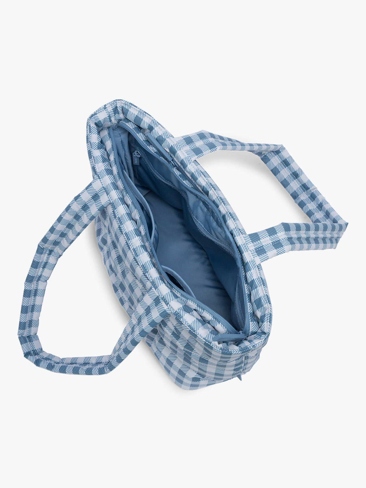 Opened view of CALPAK Luka Mini Tote in white and blue gingham pattern in French Blue Gingham ; ALM2401-FRENCH-BLUE-GINGHAM