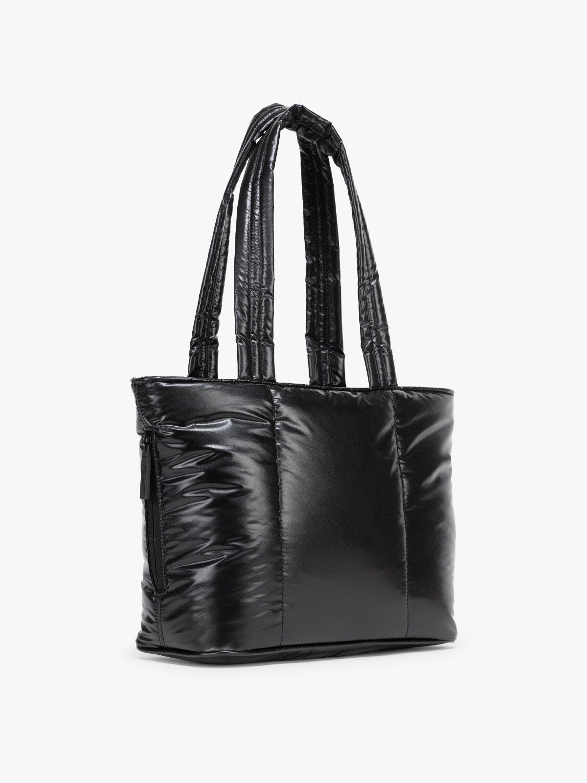 Side view of CALPAK Luka Mini Tote in shiny Glazed Black on a white background; ALM2401-GLAZED-BLACK