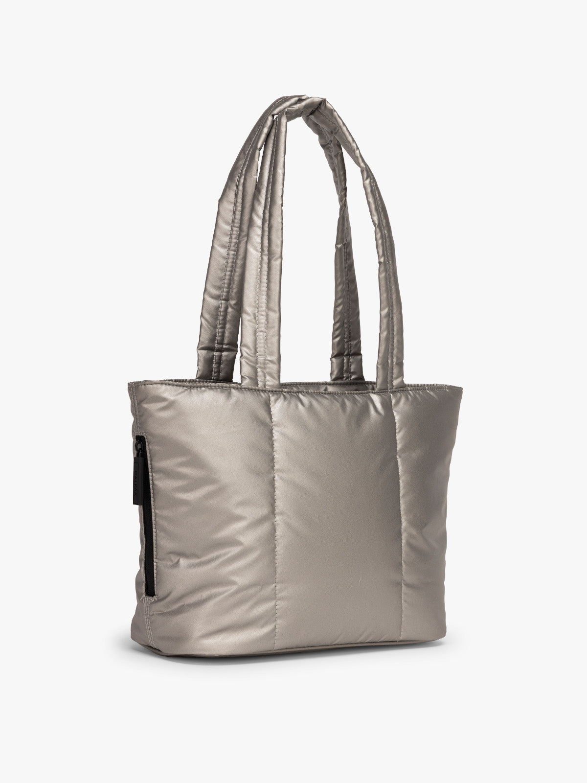 Side view of CALPAK Luka Mini Tote in metallic Gumetal grey a white background; ALM2401-GUNMETAL