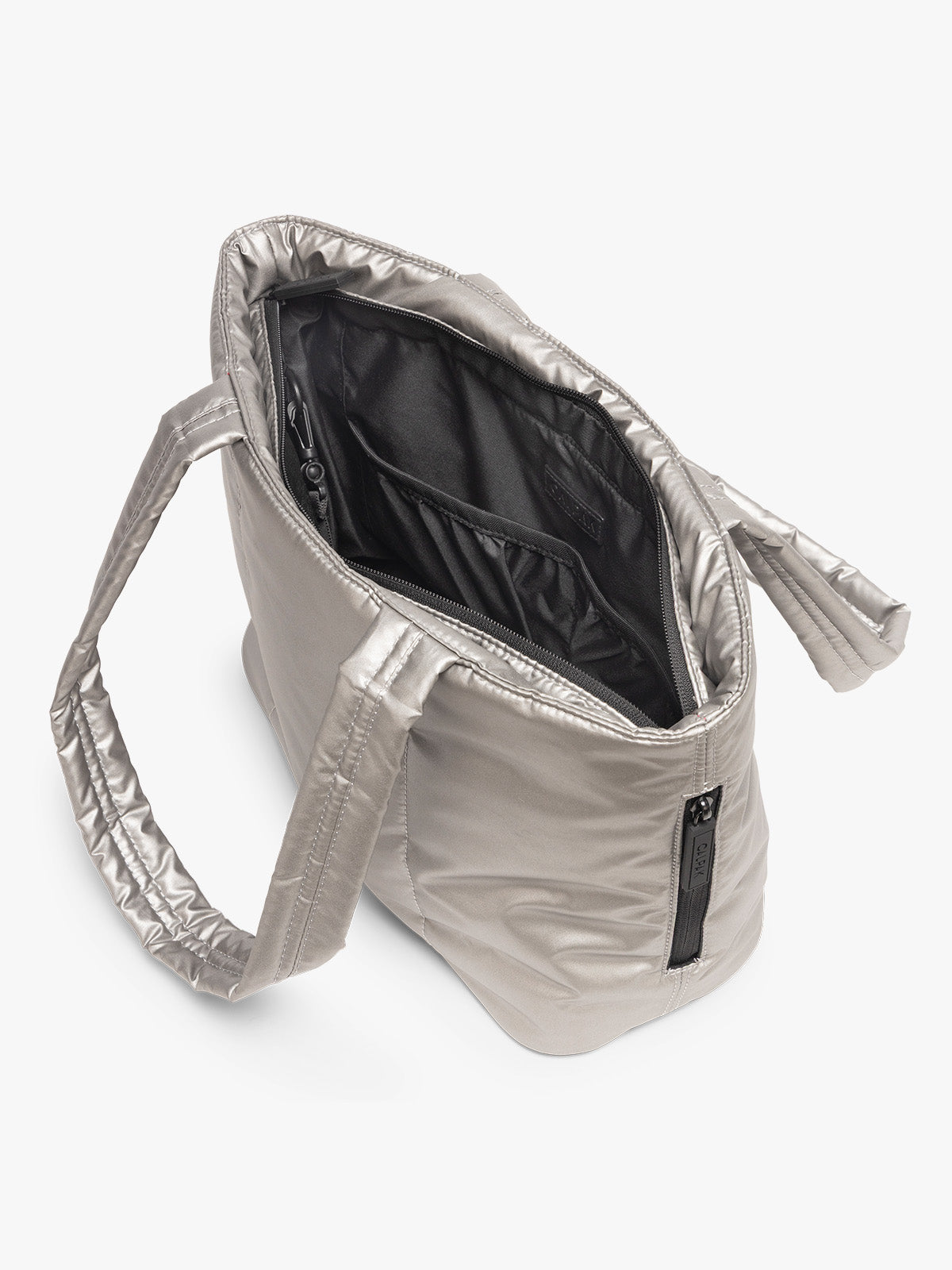 Opened view of CALPAK Luka Mini Tote in metallic Gumetal grey a white background; ALM2401-GUNMETAL