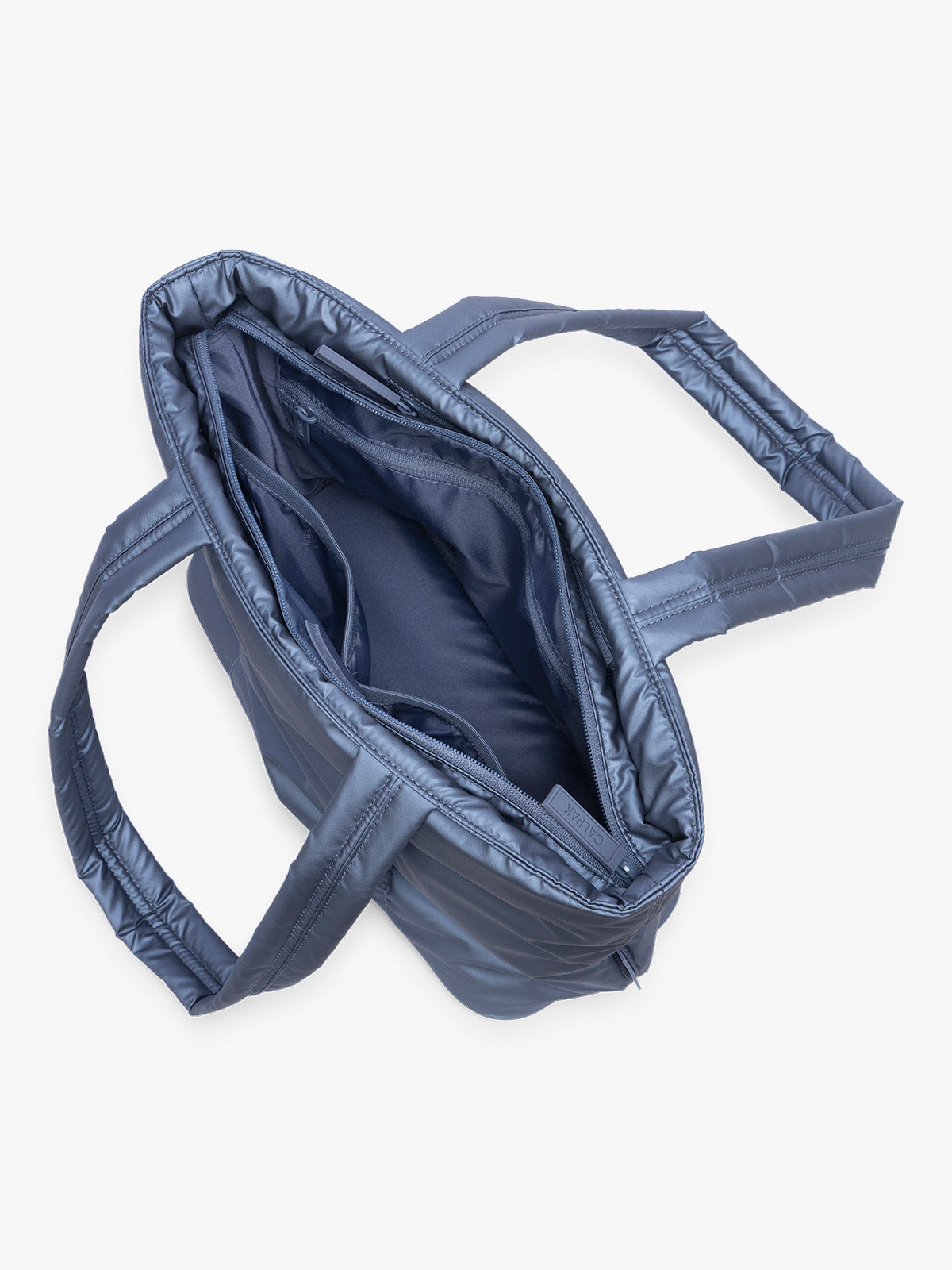 Opened view of CALPAK Luka Mini Tote in metallic dark blue material in Metallic Indigo; ALM2401-METALLIC-INDIGO