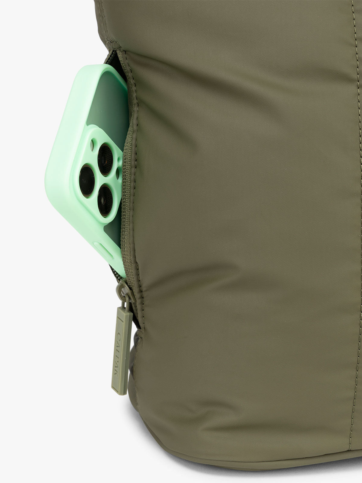CALPAK Luka Mini Tote in dark green Pine with side pocket; ALM2401-PINE