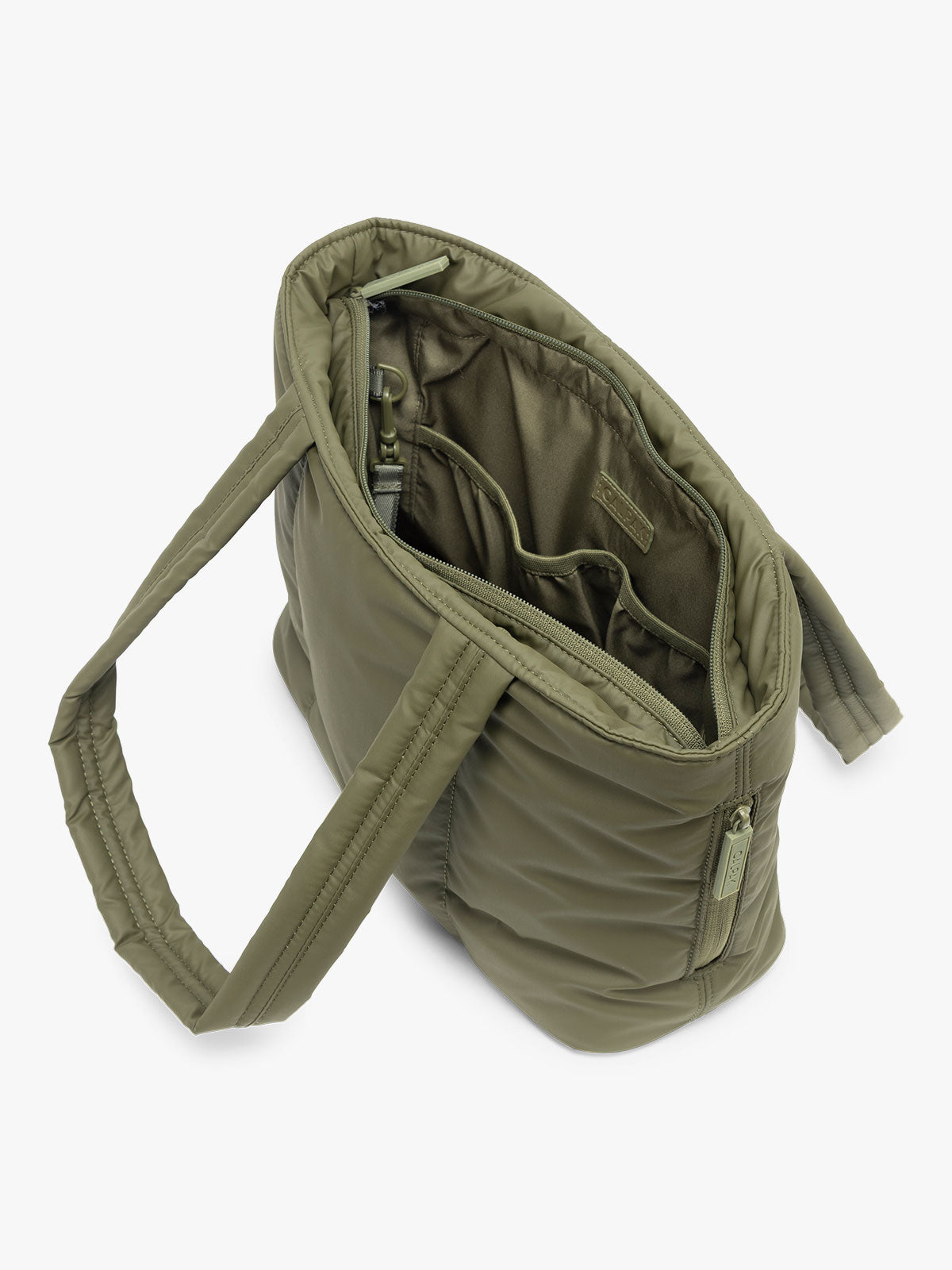 CALPAK Luka Mini Tote in dark green Pine open view; ALM2401-PINE