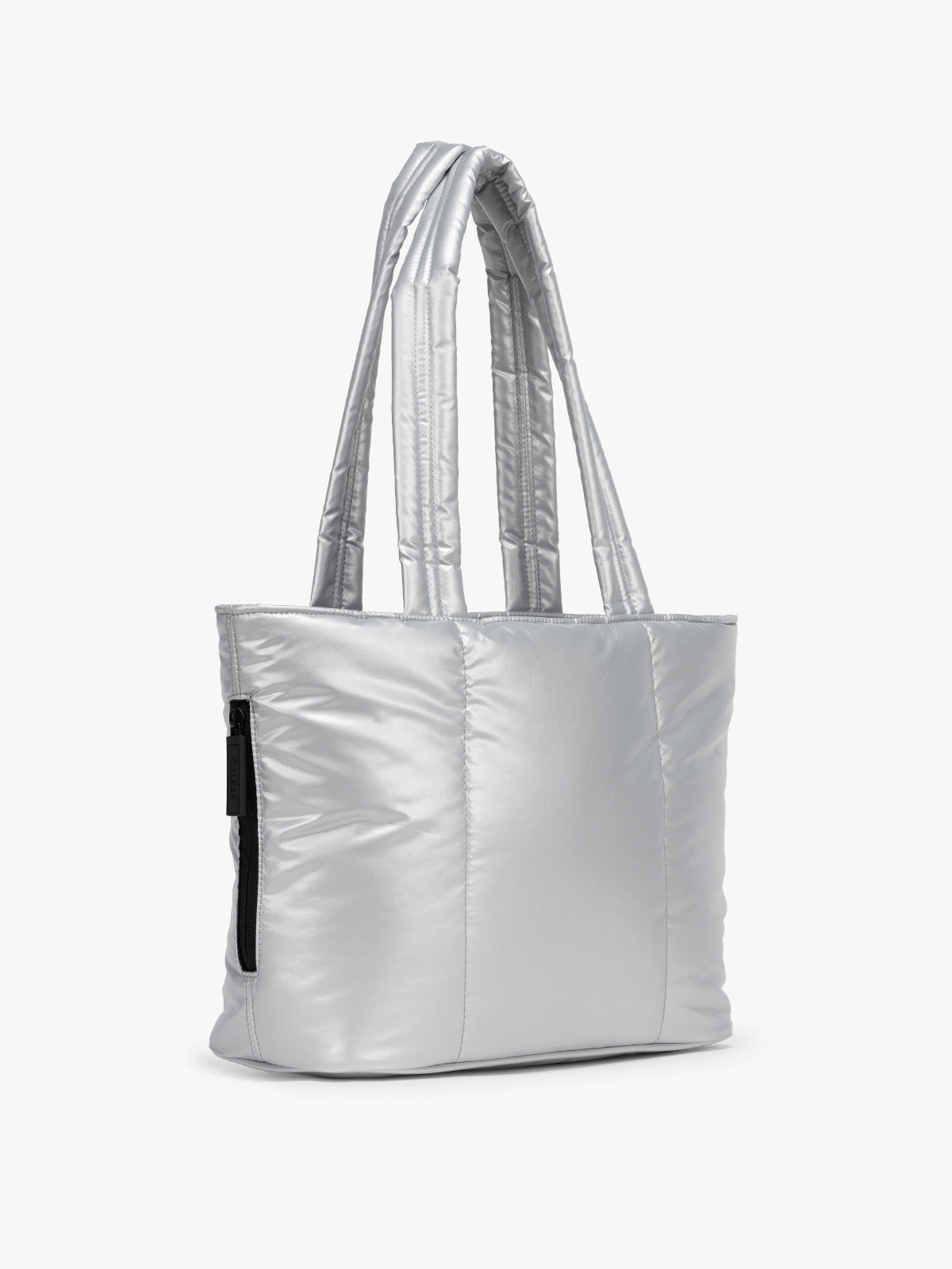 Side view of CALPAK Luka Mini Tote in shiny Silver on a white background; ALM2401-SILVER