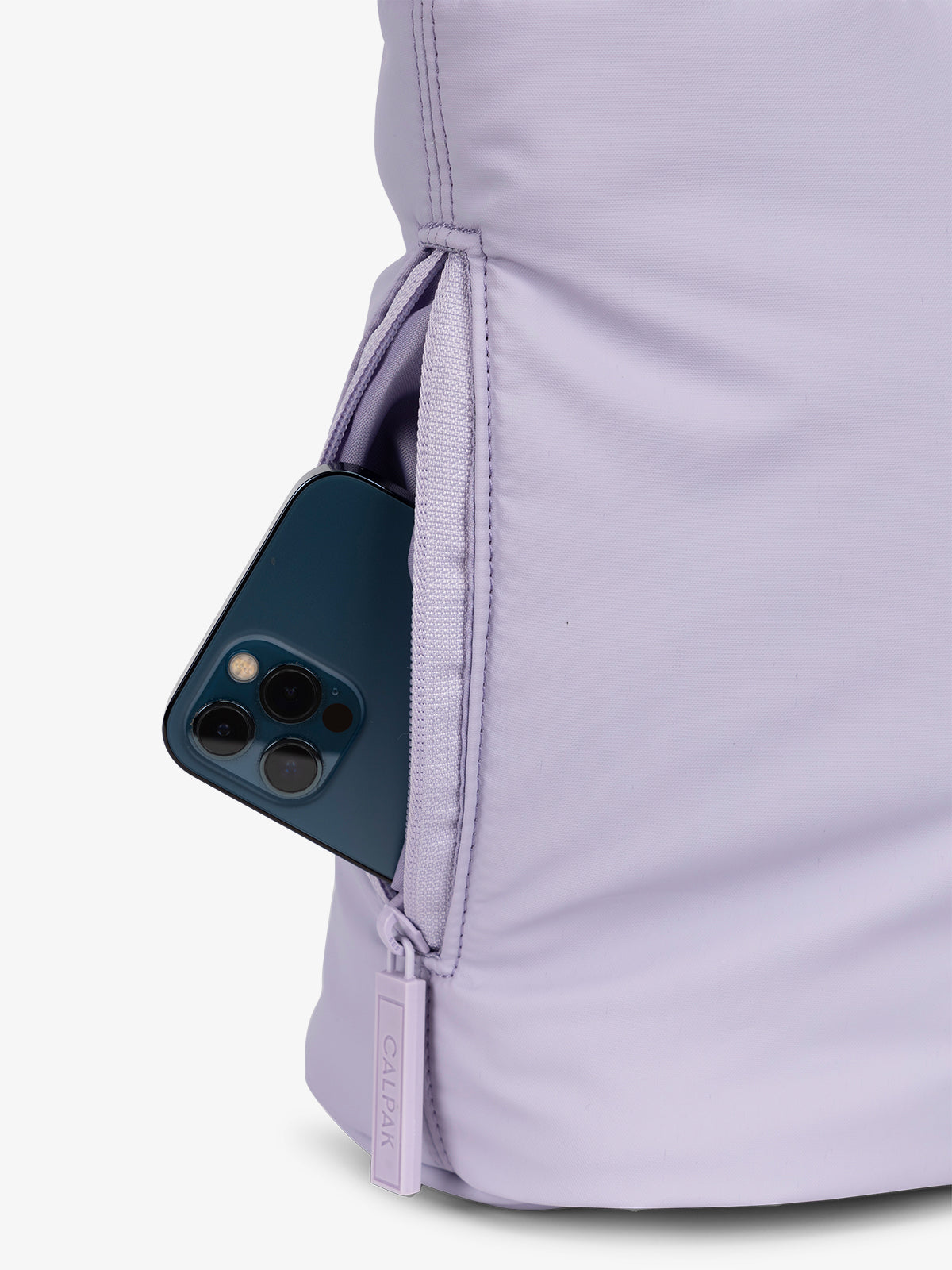 CALPAK Luka Mini Tote side compartment with phone in purple lavender in Orchid; ALM2401-ORCHID