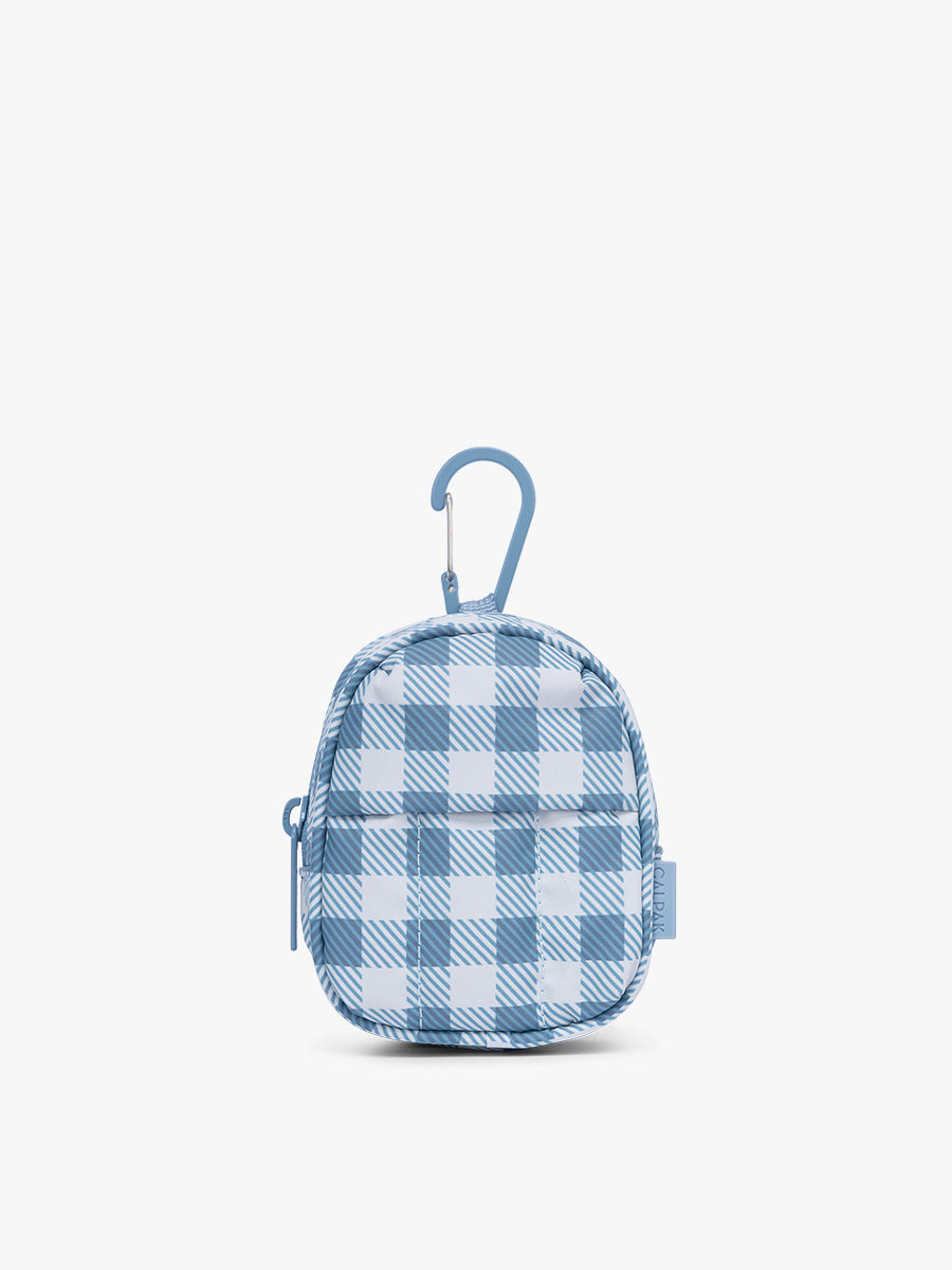 CALPAK Luka Backpack Zip Bag Charm in white and blue gingham print; AMB2201-FRENCH-BLUE-GINGHAM