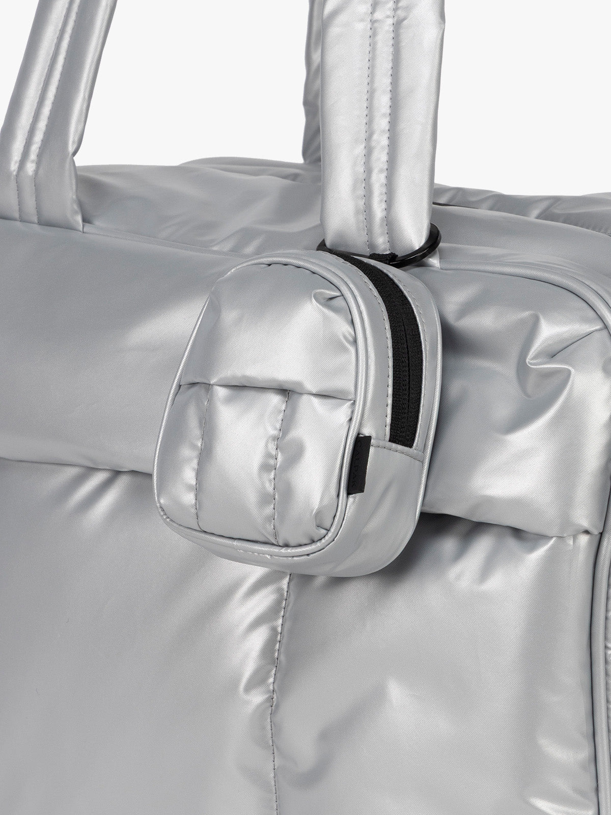 CALPAK Luka Backpack Key Pouch in Silver clipped on bag; AMB2201-SILVER