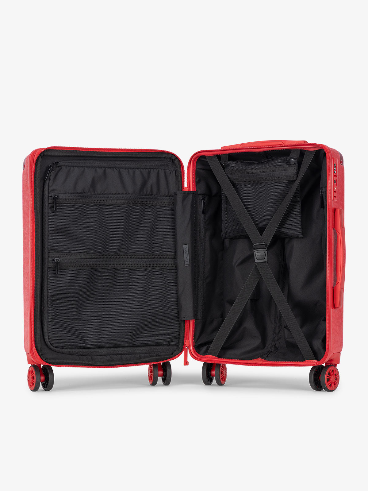 Metallic red CALPAK Ambeur hard shell lightweight copper luggage with compression straps and multiple pockets; LAM2000-METALLIC-RED