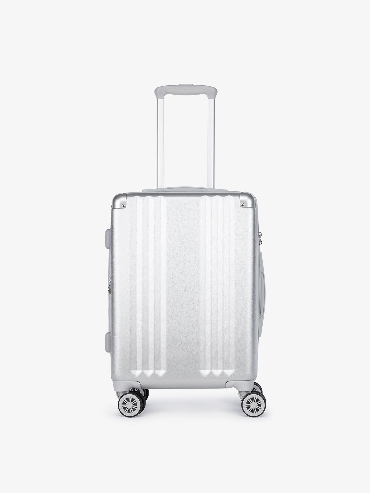 lightweight silver CALPAK Ambeur 22 inch hard shell rolling spinner carry on as a part of a luggage set; LAM3000-SILVER