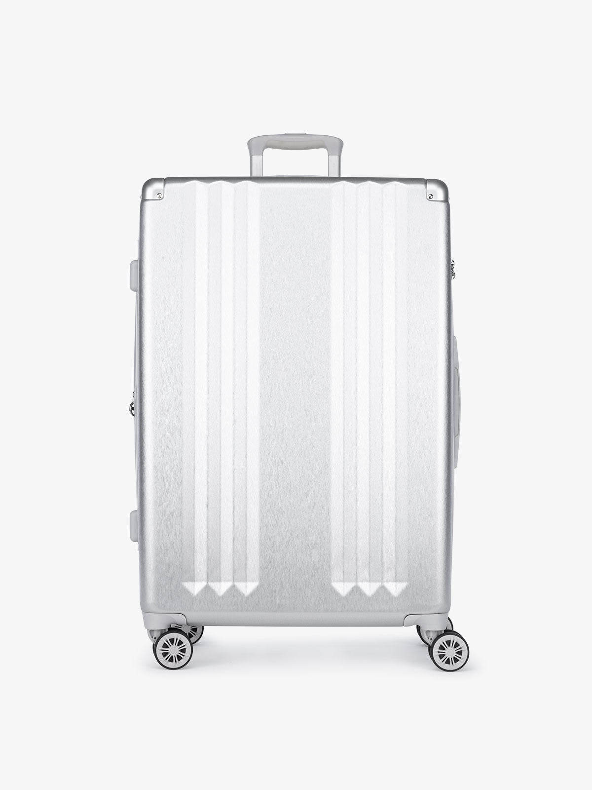 CALPAK Ambeur large silver hard shell suitcase part of 3 piece luggage set; LAM3000-SILVER