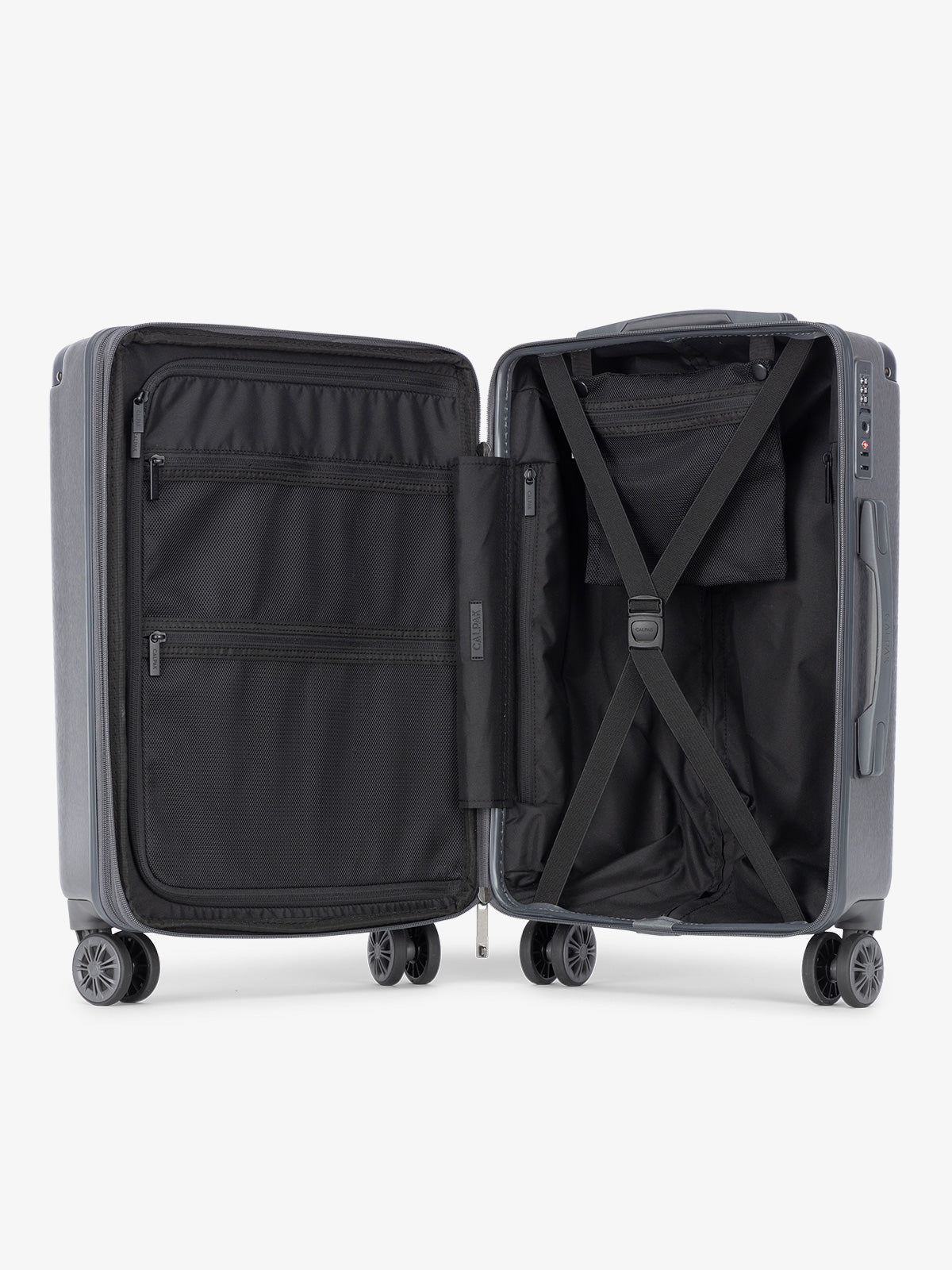 CALPAK Ambeur carry-on interior featuring multiple compartments and compression strap in gunmetal; LAM1020-GUNMETAL