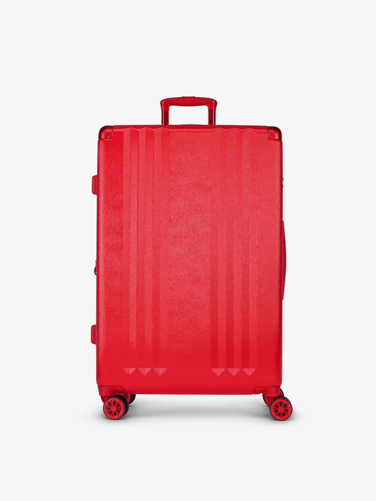 Studio product shot of front-facing CALPAK Ambeur large 30-inch hardshell luggage with 360 spinner wheels in metallic red; LAM1028-METALLIC-RED