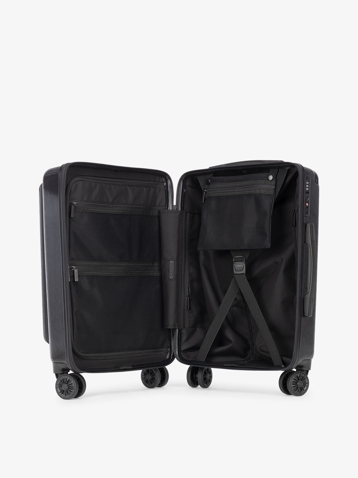 CALPAK Ambeur hard shell carry-on luggage with front pocket for laptop, TSA lock and divider with multiple pockets in black; LAM1020-FP-BLACK