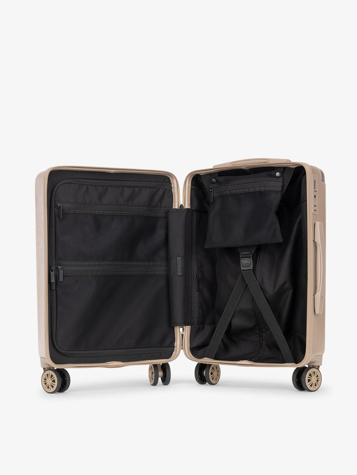 CALPAK Ambeur hard shell carry-on luggage with front pocket for laptop, TSA lock and divider with multiple pockets and compression strap in gold; LAM1020-FP-GOLD