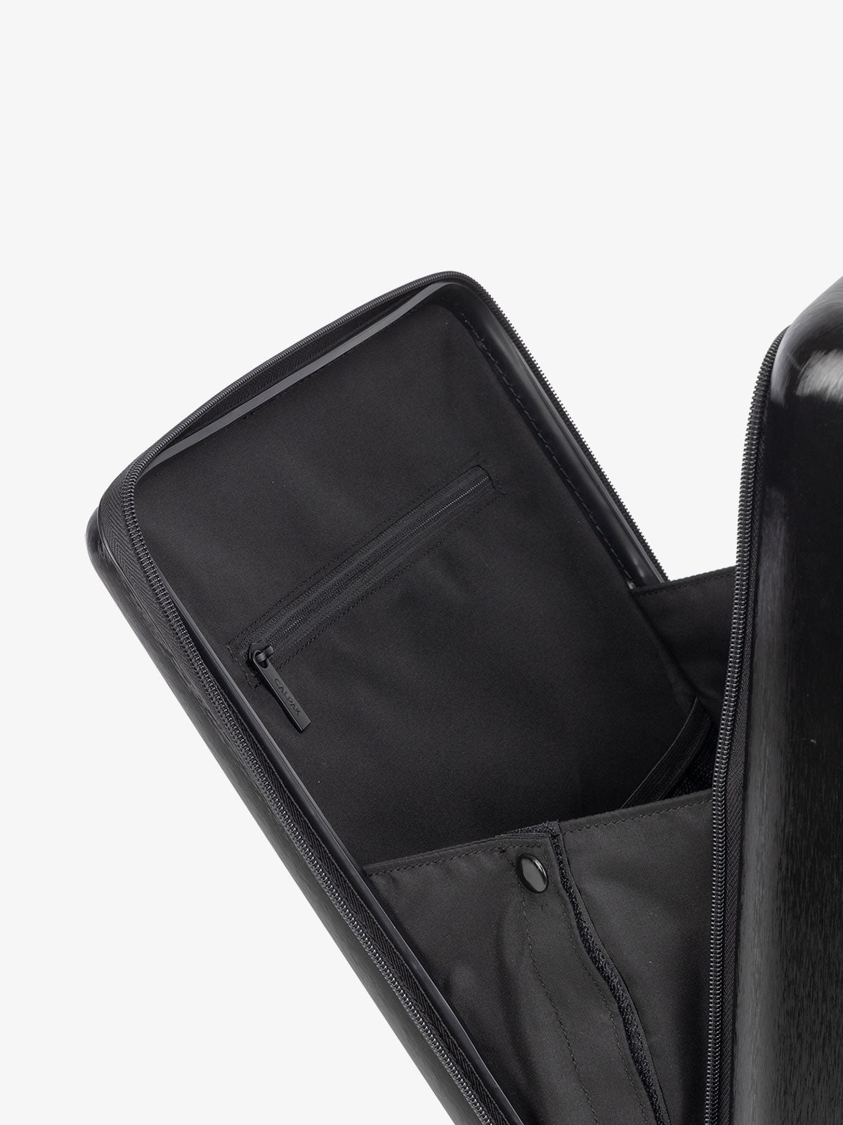CALPAK Ambeur hard shell carry-on luggage with front pocket for laptop in black; LAM1020-FP-BLACK