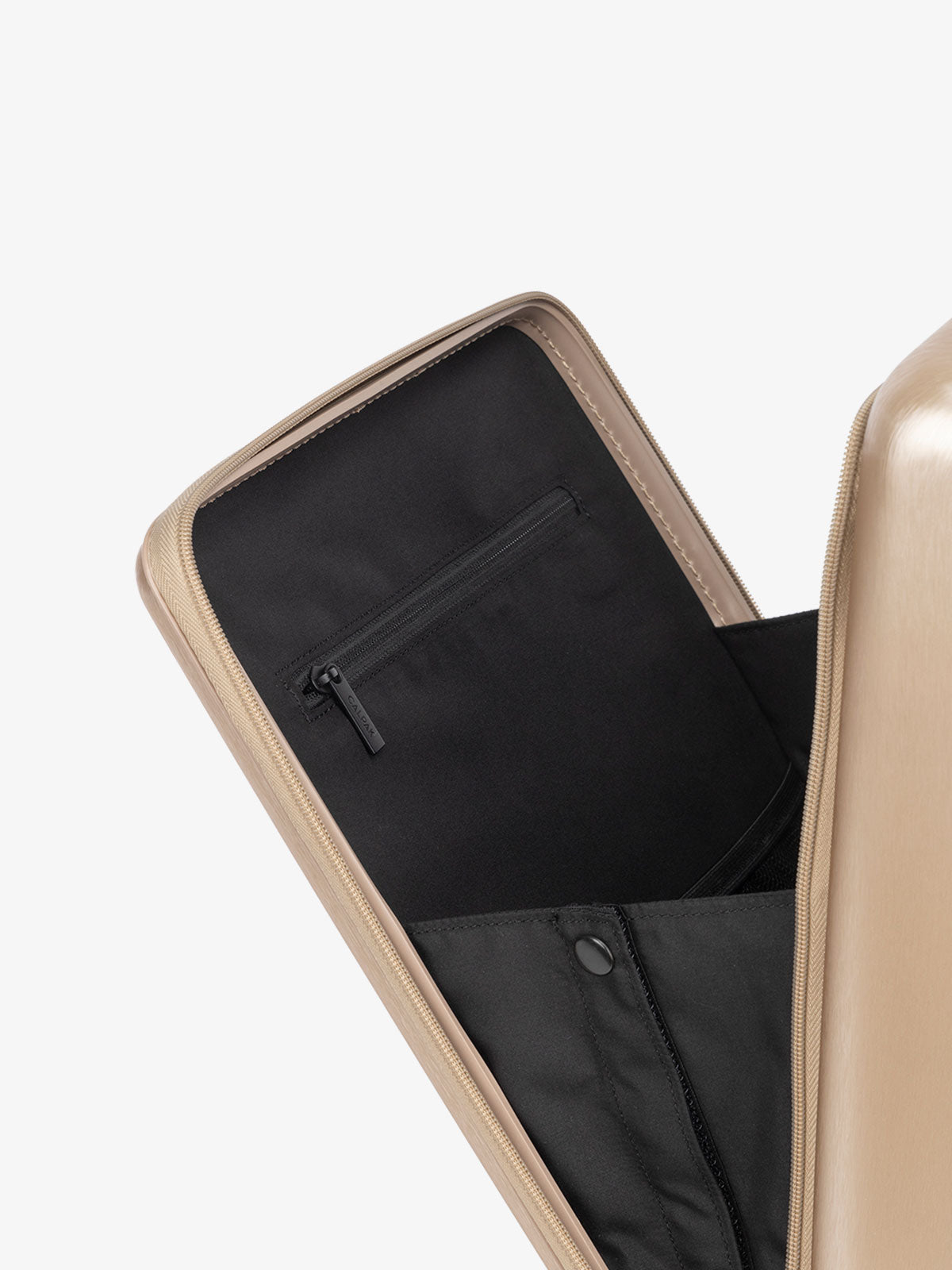 CALPAK Ambeur hard shell carry-on luggage with front pocket for laptop in gold; LAM1020-FP-GOLD