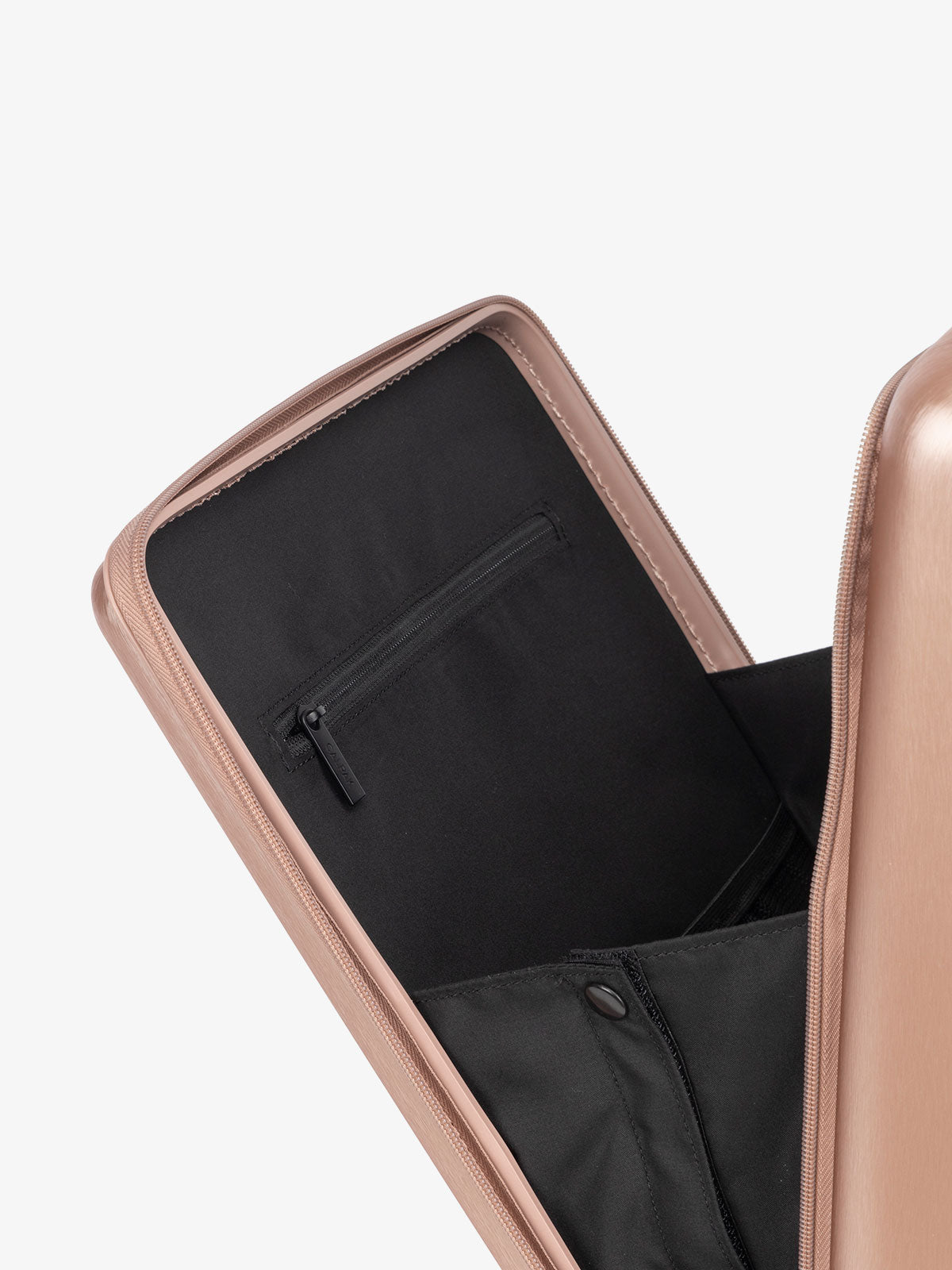 CALPAK Ambeur hard shell carry-on luggage with front pocket for laptop in rose gold; LAM1020-FP-ROSE-GOLD