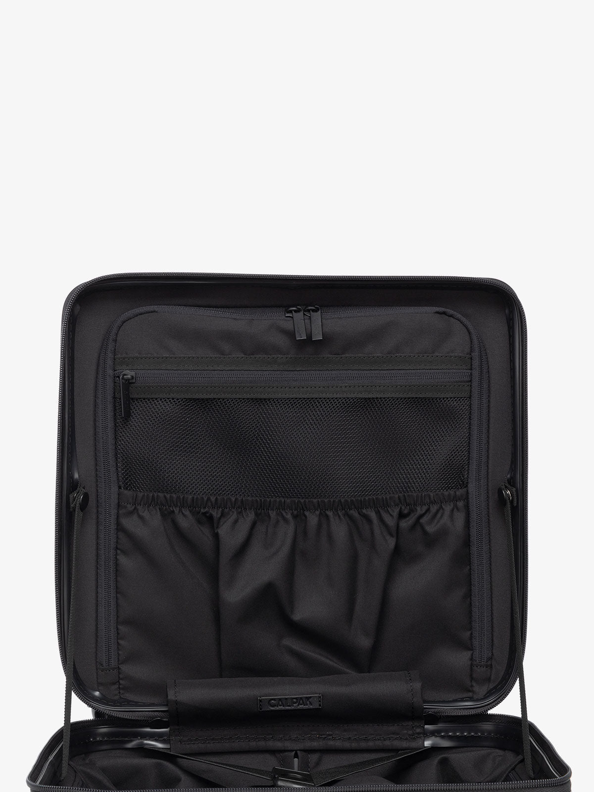 CALPAK Ambuer small wheeled carry on with multiple interior pockets and compression straps in black; LAM1014-BLACK