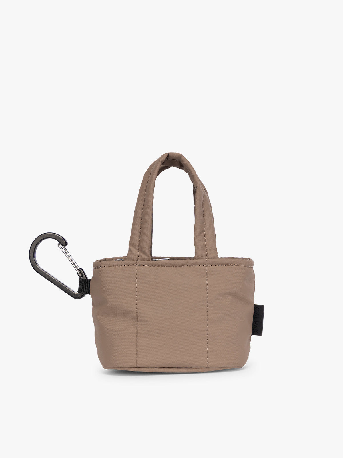 CALPAK Luka Tote Zip Bag Charm in light brown Chocolate with carabiner on a white background; AMT2601-CHOCOLATE
