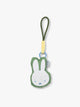 Plush Miffy x CALPAK Pluffy Bag Charm keychain with a green border and Miffy on a white background; APLF2501-GREEN-MIFFY