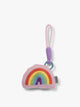 CALPAK Kids Pluffy Bag Charm colorful Rainbow on pink plush front view; APLF2501-RAINBOW