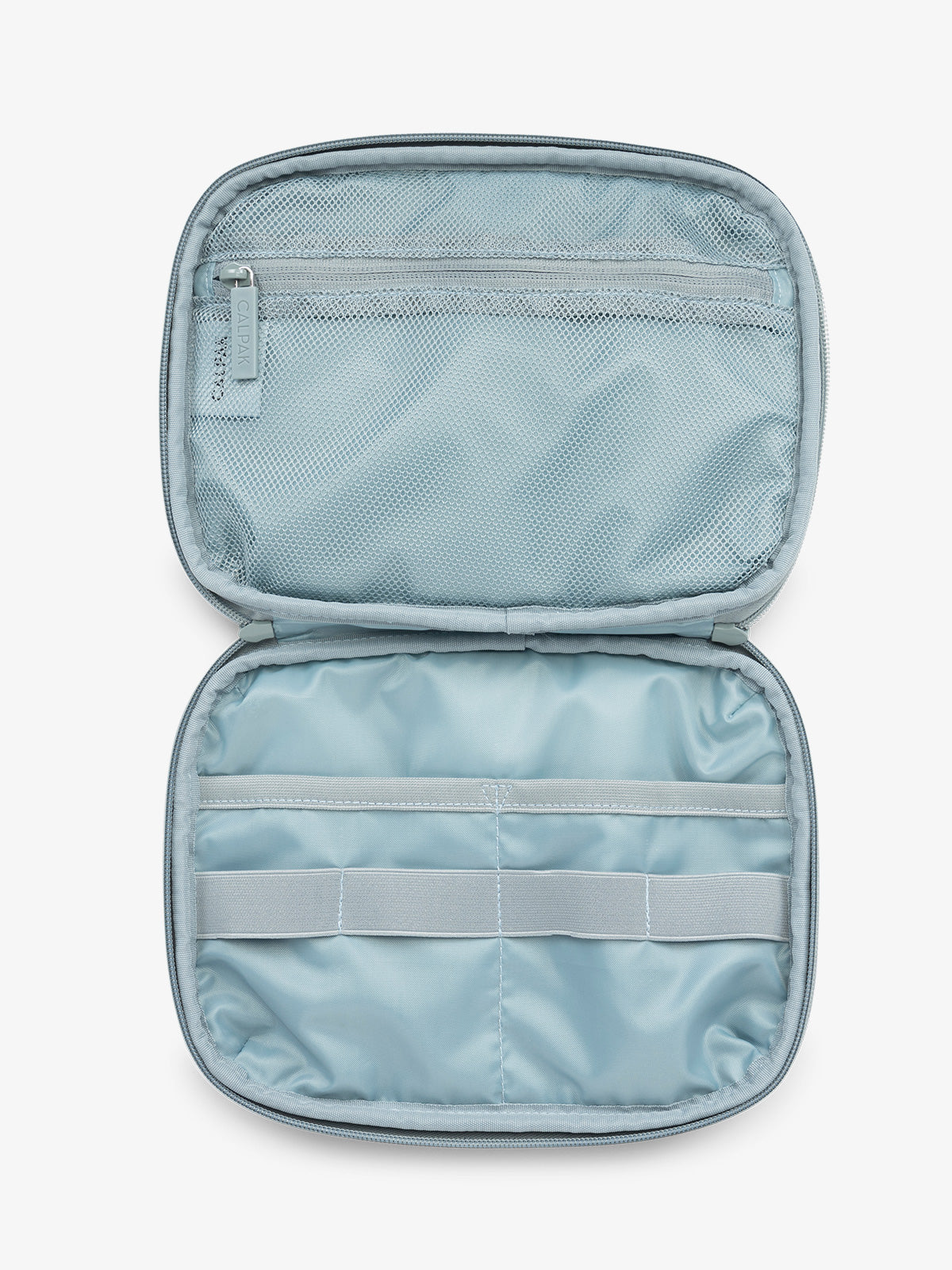CALPAK Tech Organizer in blue Bluebell open view with tech mesh pockets; ATC2001-BLUEBELL