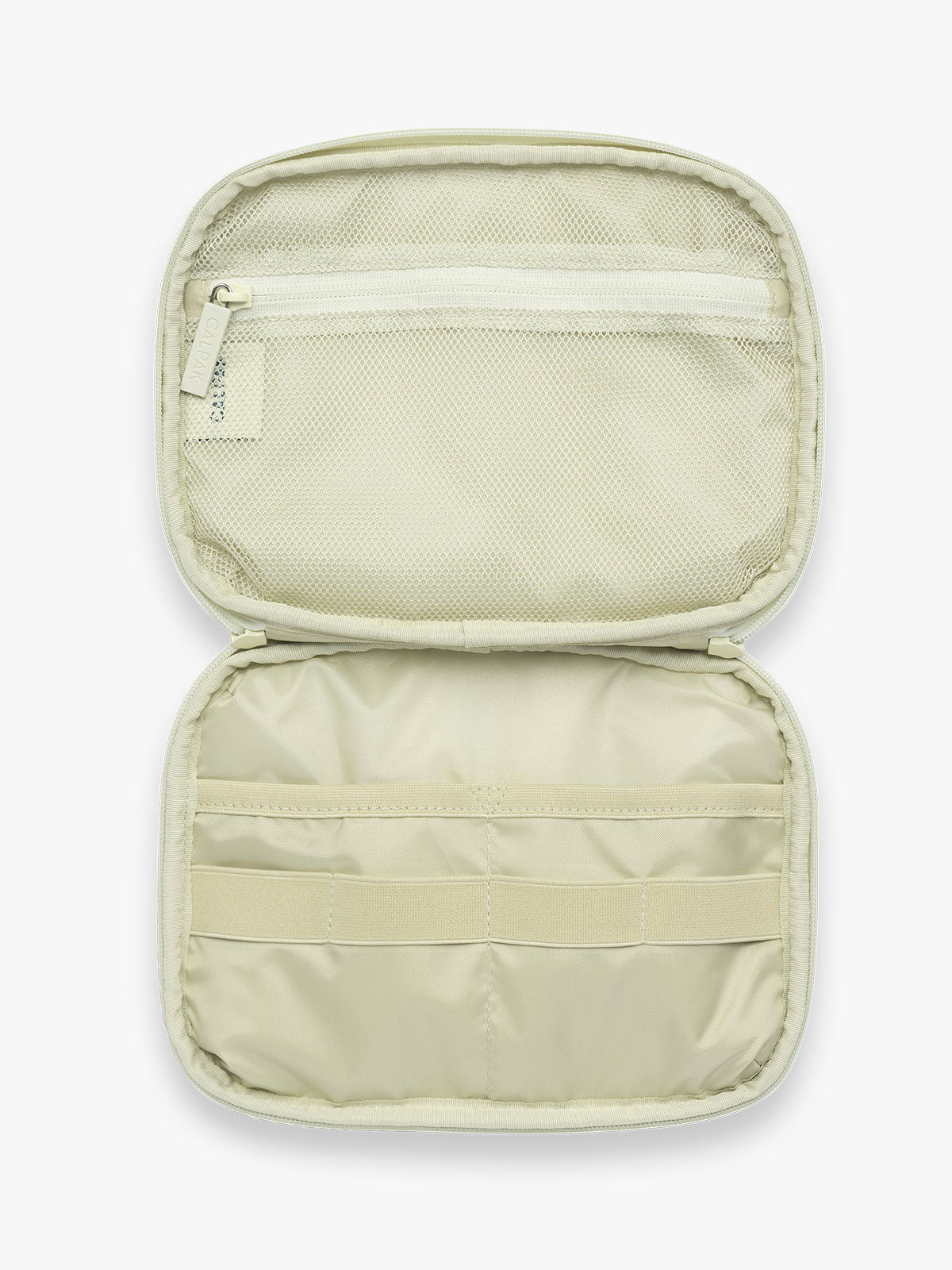 Opened CALPAK Tech Organizer in green and white gingham print with tomato print; ATC2001-CELADON-TOMATO-PICNIC