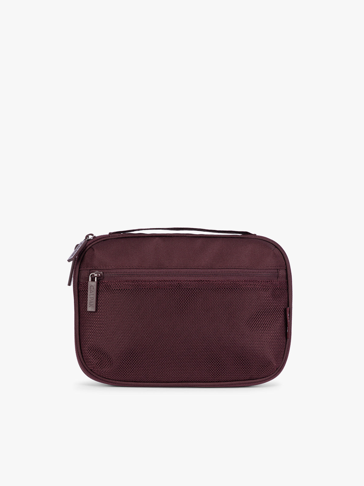 A dark burgundy CALPAK Tech Organizer pouch with a top zipper, front zippered pocket, and a small silver metal brand zipper, shown against a plain white background; ATC2001-DARK-CHERRY