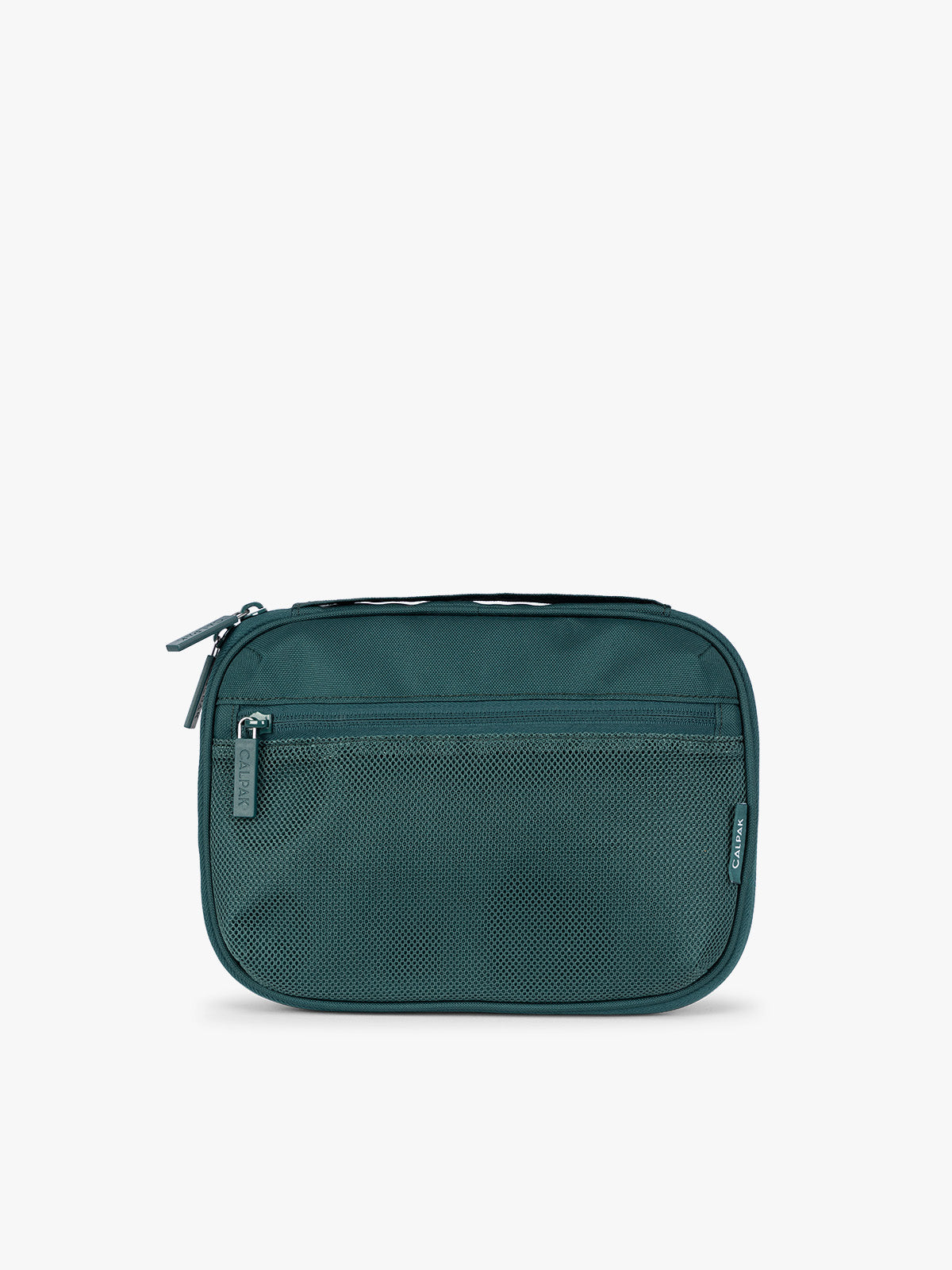 A dark teal green CALPAK Tech Organizer pouch with a front zippered pocket and top zipper, shown against a plain white background; ATC2001-KALE