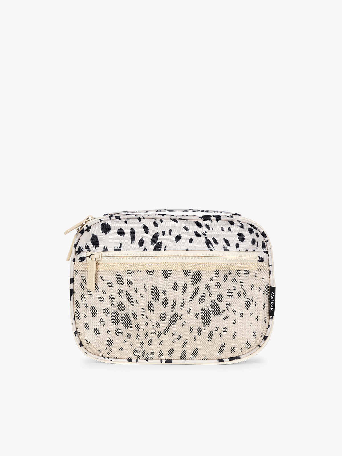 A rectangular CALPAK Tech Organizer pouch in Snow Leopard with a black and beige animal print Leopard pattern, featuring a cream-colored zipper and a small black brand tag on the right side; ATC2001-SNOW-LEOPARD