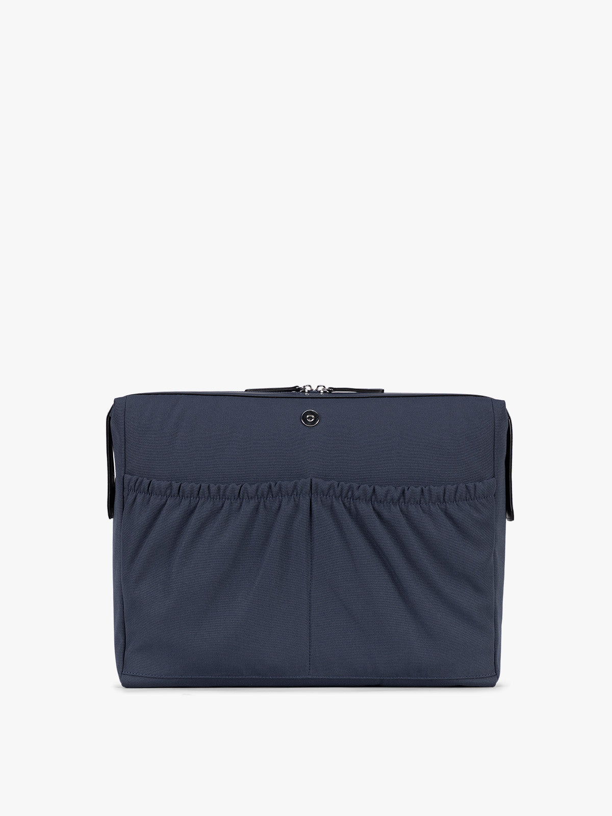 Laptop sleeve of CALPAK Haven 16" Laptop Tote in blue Navy crocodile-embossed tote bag with top handles and a detachable shoulder strap, shown against a plain white background; ATO2102-NAVY-FAUX-CROC
