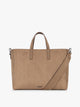 A CALPAK Haven 16" Laptop Tote in Truffle Suede taupe brown tote bag with dual top handles and a matching adjustable shoulder strap, shown against a plain white background; ATO2102-TRUFFLE-FAUX-SUEDE