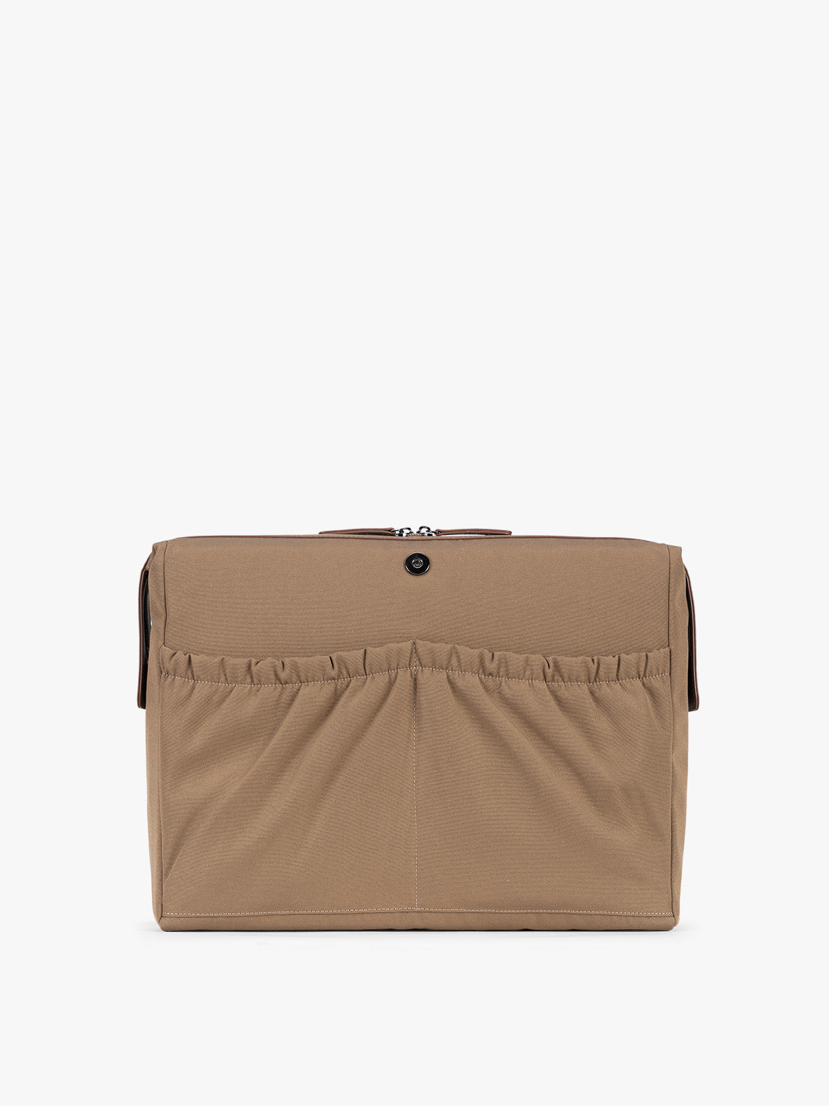 Laptop sleeve of the CALPAK Haven 16" Laptop Tote in Truffle Suede taupe brown tote bag with dual top handles and a matching adjustable shoulder strap, shown against a plain white background; ATO2102-TRUFFLE-FAUX-SUEDE