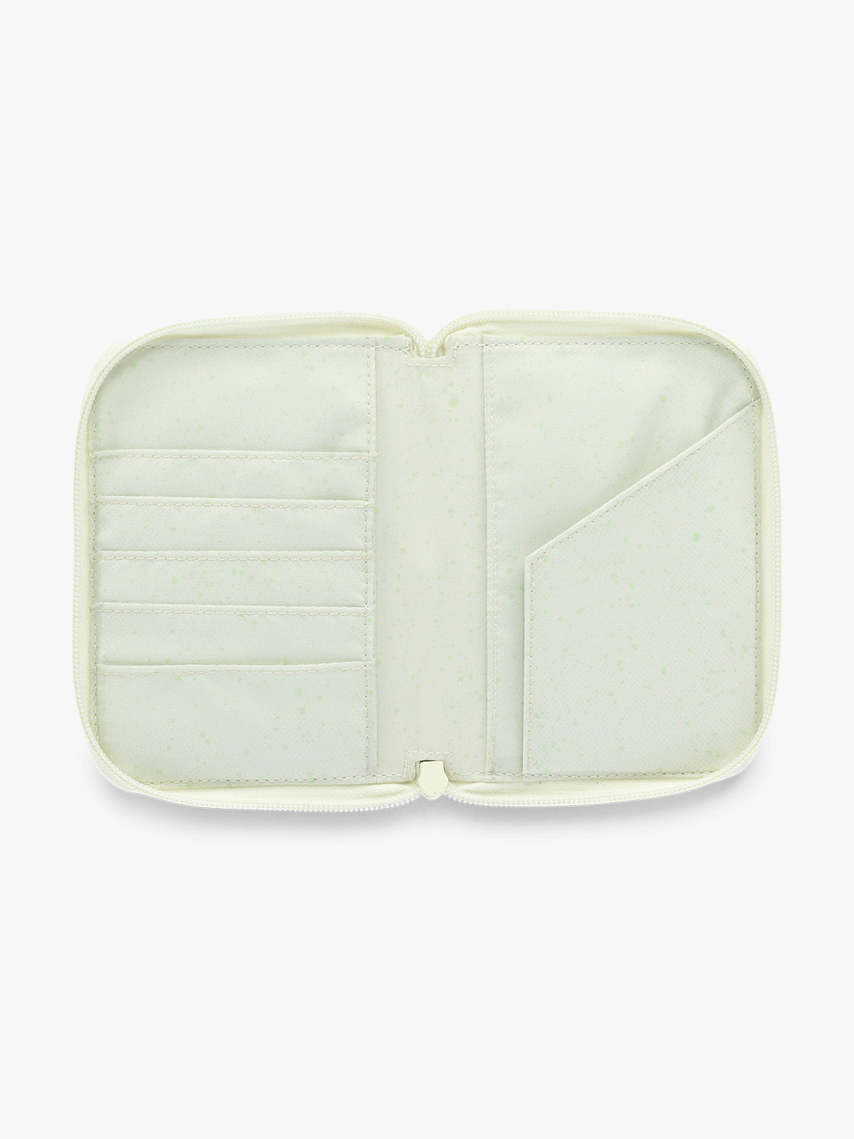 Opened Front side of CALPAK Terra Zip Passport Wallet in light green Celadon; ATPW2501-CELADON