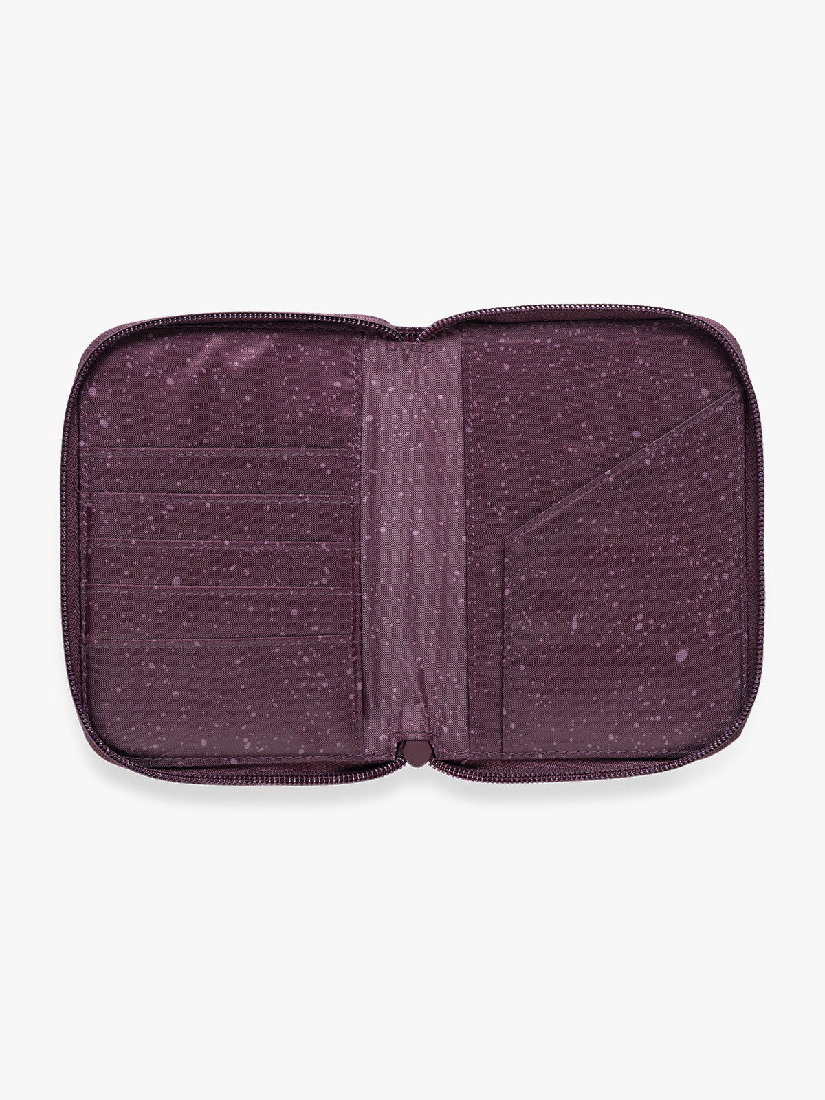 Opened  CALPAK Terra Zip Passport Wallet in dark red Dark Cherry on a white background; ATPW2501-DARK-CHERRY